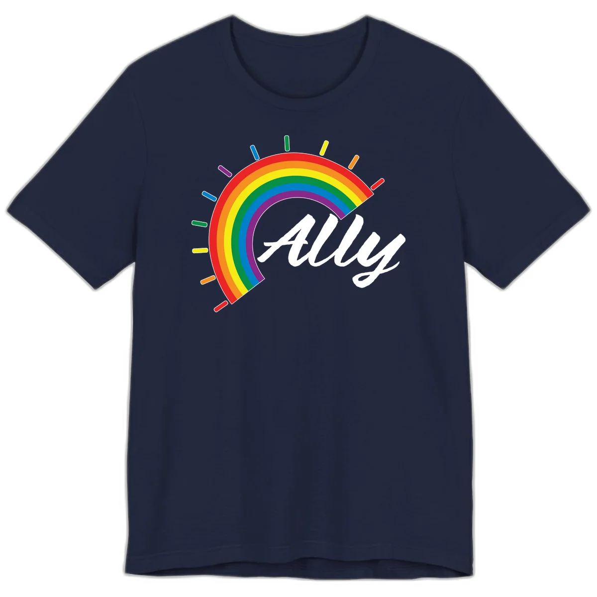 Colorful pride rainbow arc with radiating lines behind white cursive 'ally' text on gray background in Navy