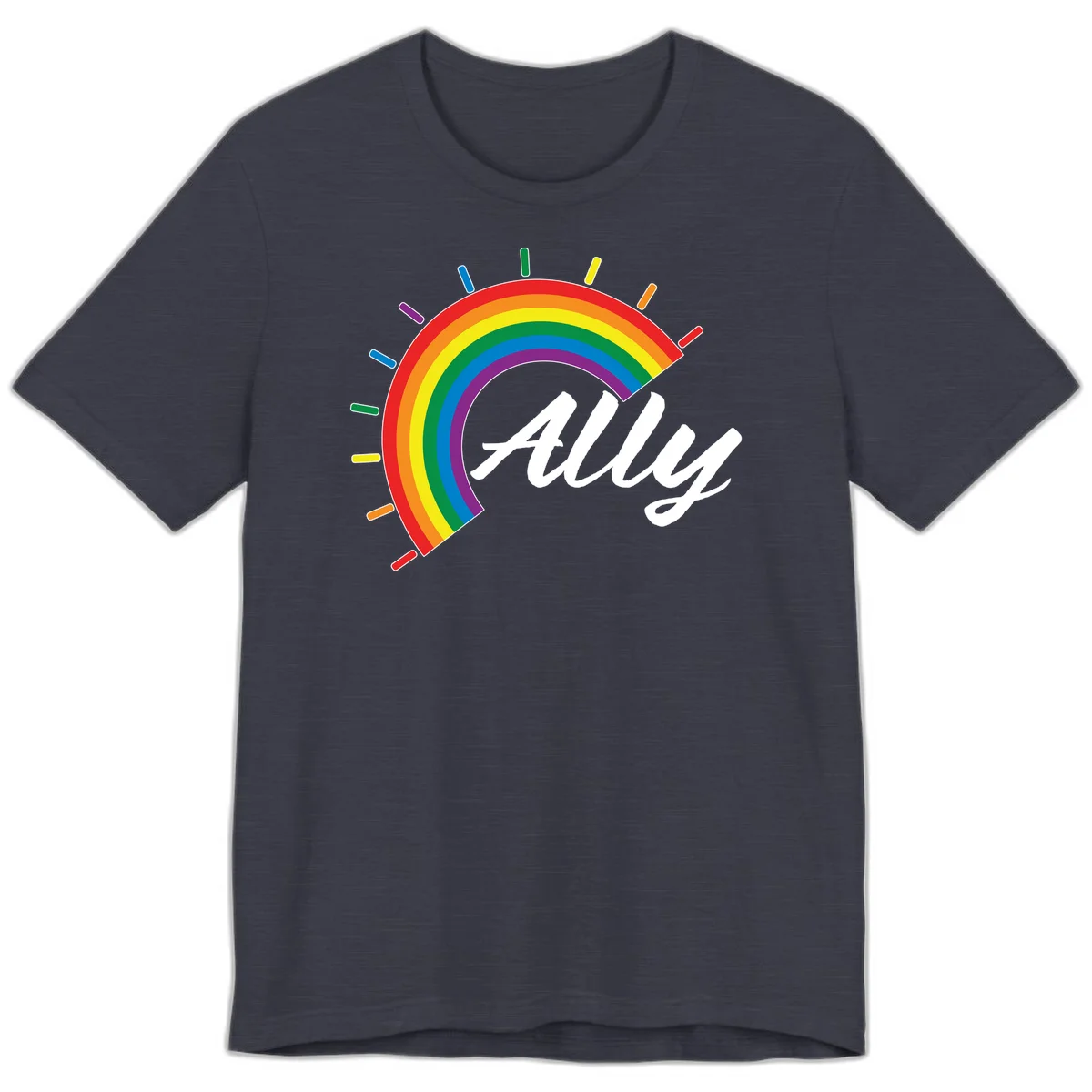 Colorful pride rainbow arc with radiating lines behind white cursive 'ally' text on gray background in Heather Midnight Navy