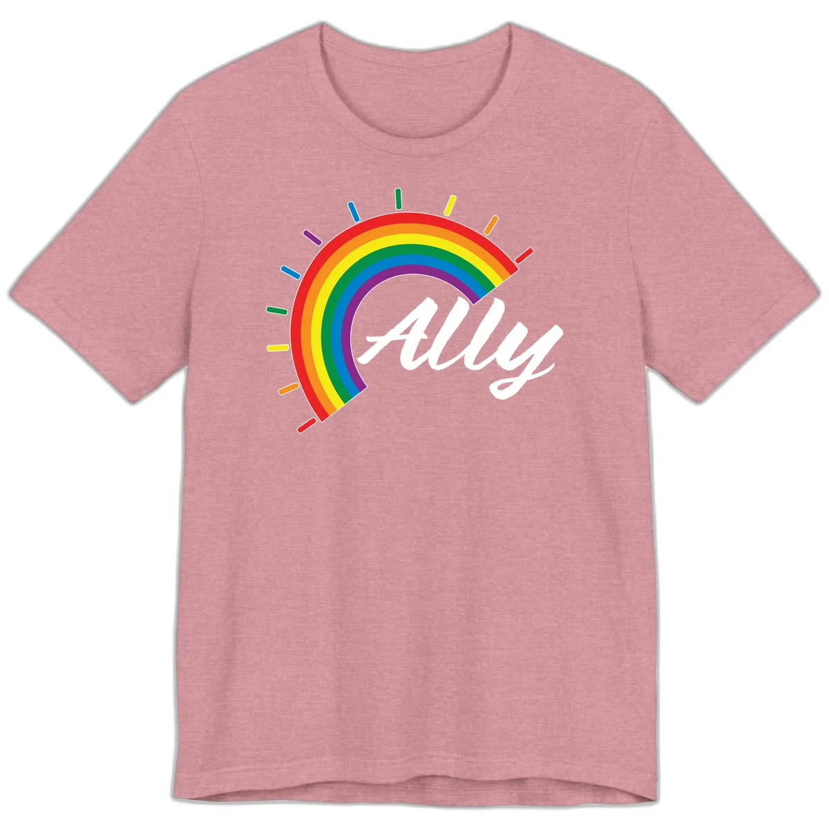 Colorful pride rainbow arc with radiating lines behind white cursive 'ally' text on gray background in Heather Orchid