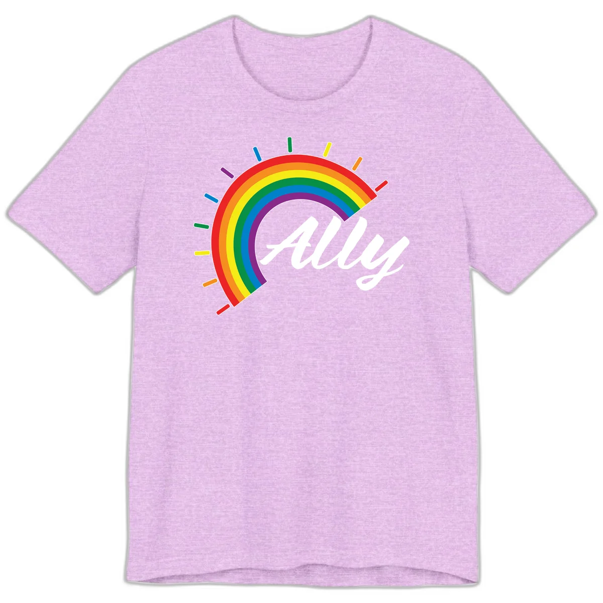 Colorful pride rainbow arc with radiating lines behind white cursive 'ally' text on gray background in Heather Prism Lilac