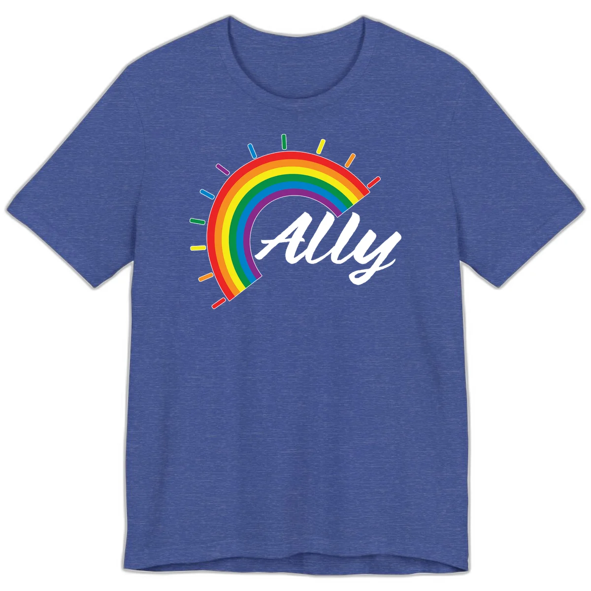 Colorful pride rainbow arc with radiating lines behind white cursive 'ally' text on gray background in Heather True Royal