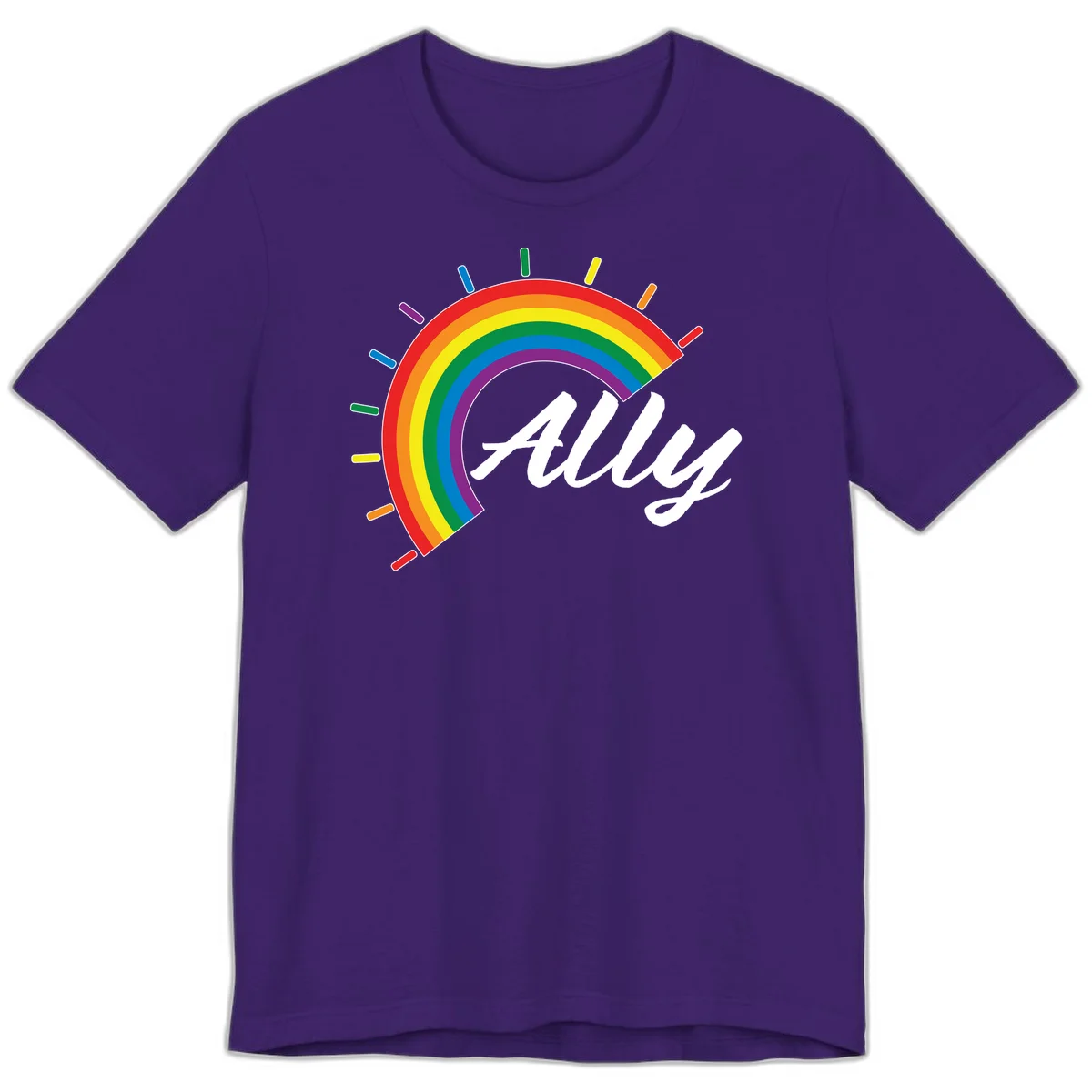 Colorful pride rainbow arc with radiating lines behind white cursive 'ally' text on gray background in Team Purple