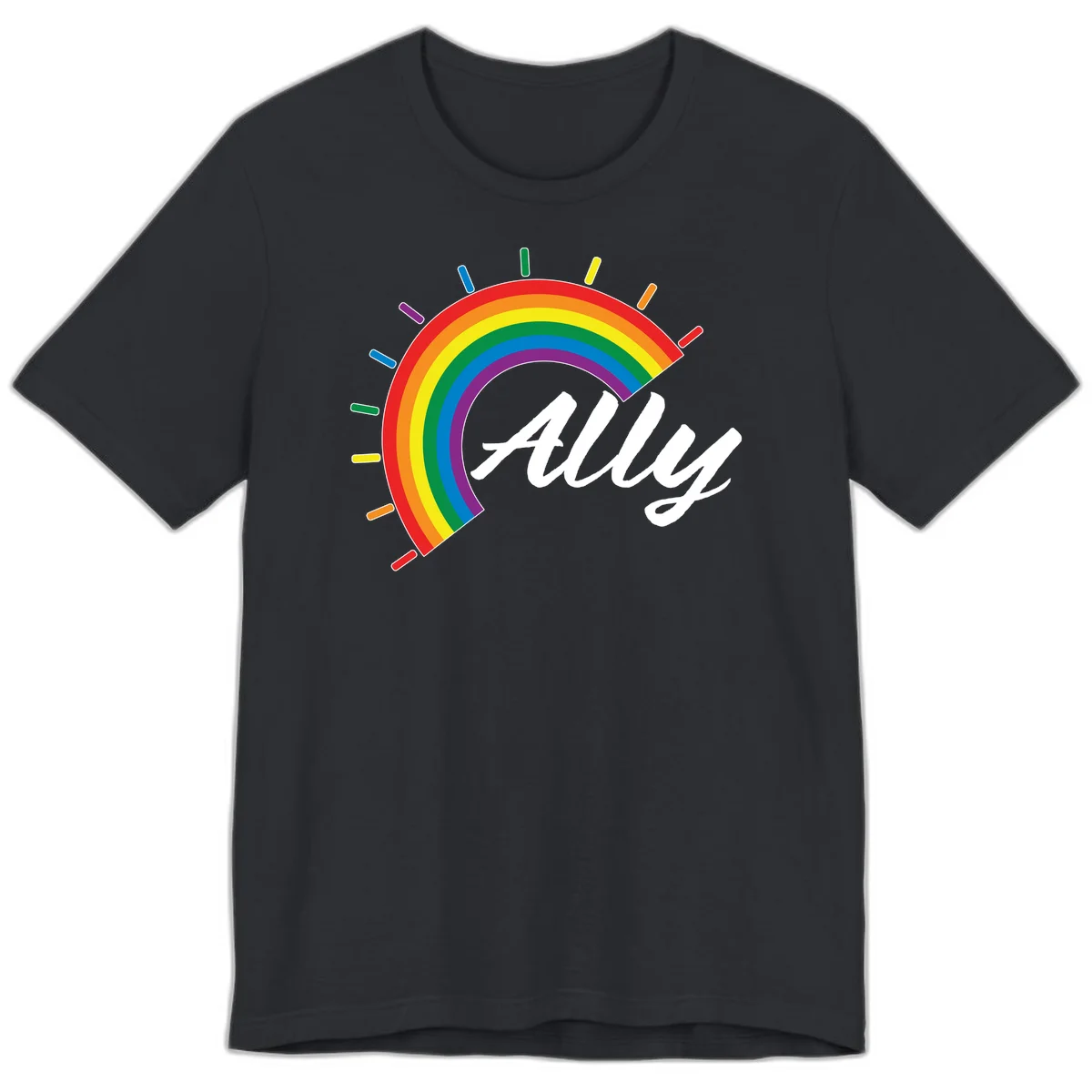 Colorful pride rainbow arc with radiating lines behind white cursive 'ally' text on gray background in Vintage Black
