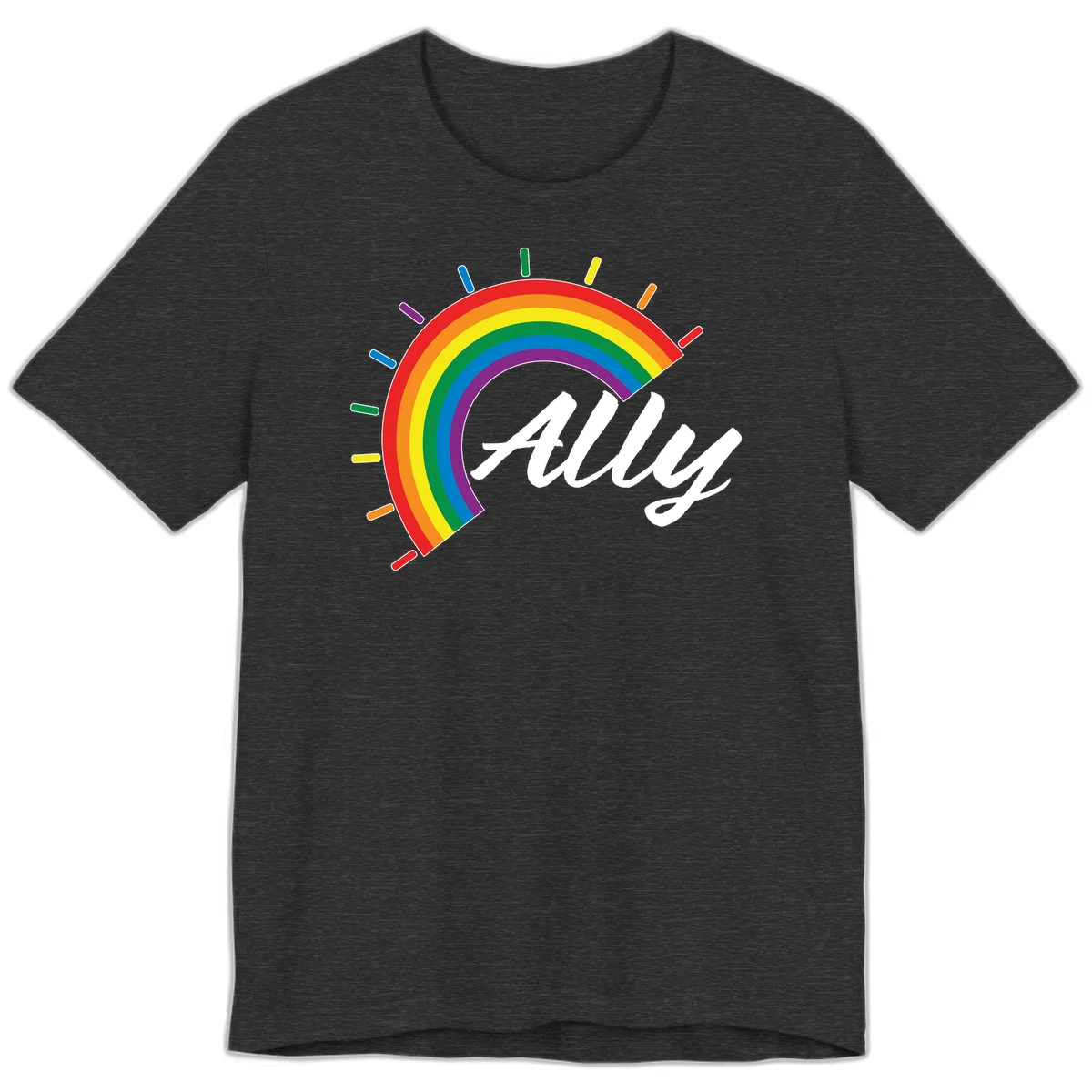 Colorful pride rainbow arc with radiating lines behind white cursive 'ally' text on gray background in Dark Grey Heather
