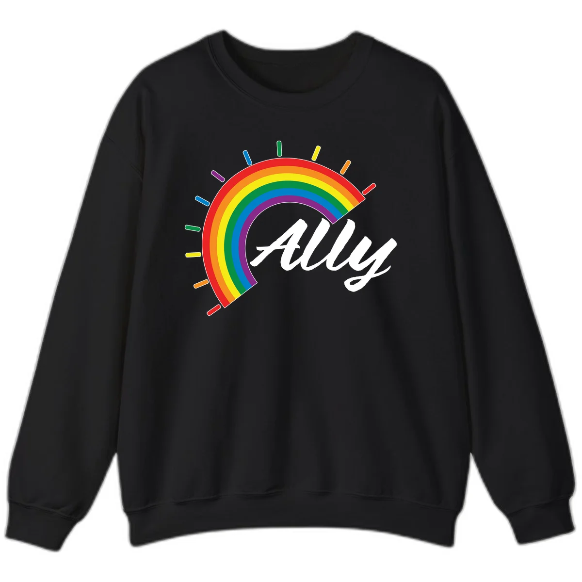 Colorful pride rainbow arc with radiating lines behind white cursive 'ally' text on gray background in Black