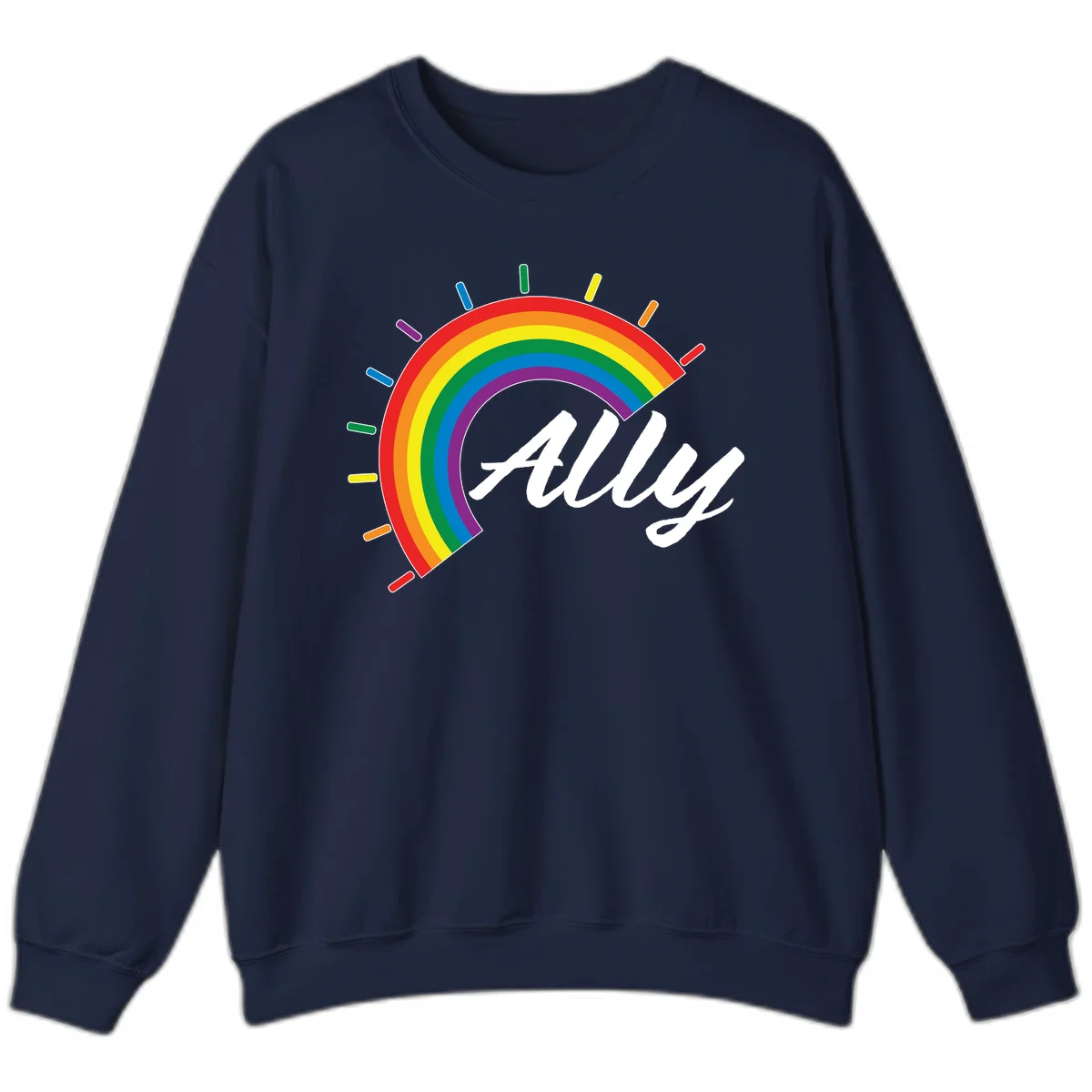 Colorful pride rainbow arc with radiating lines behind white cursive 'ally' text on gray background in Navy