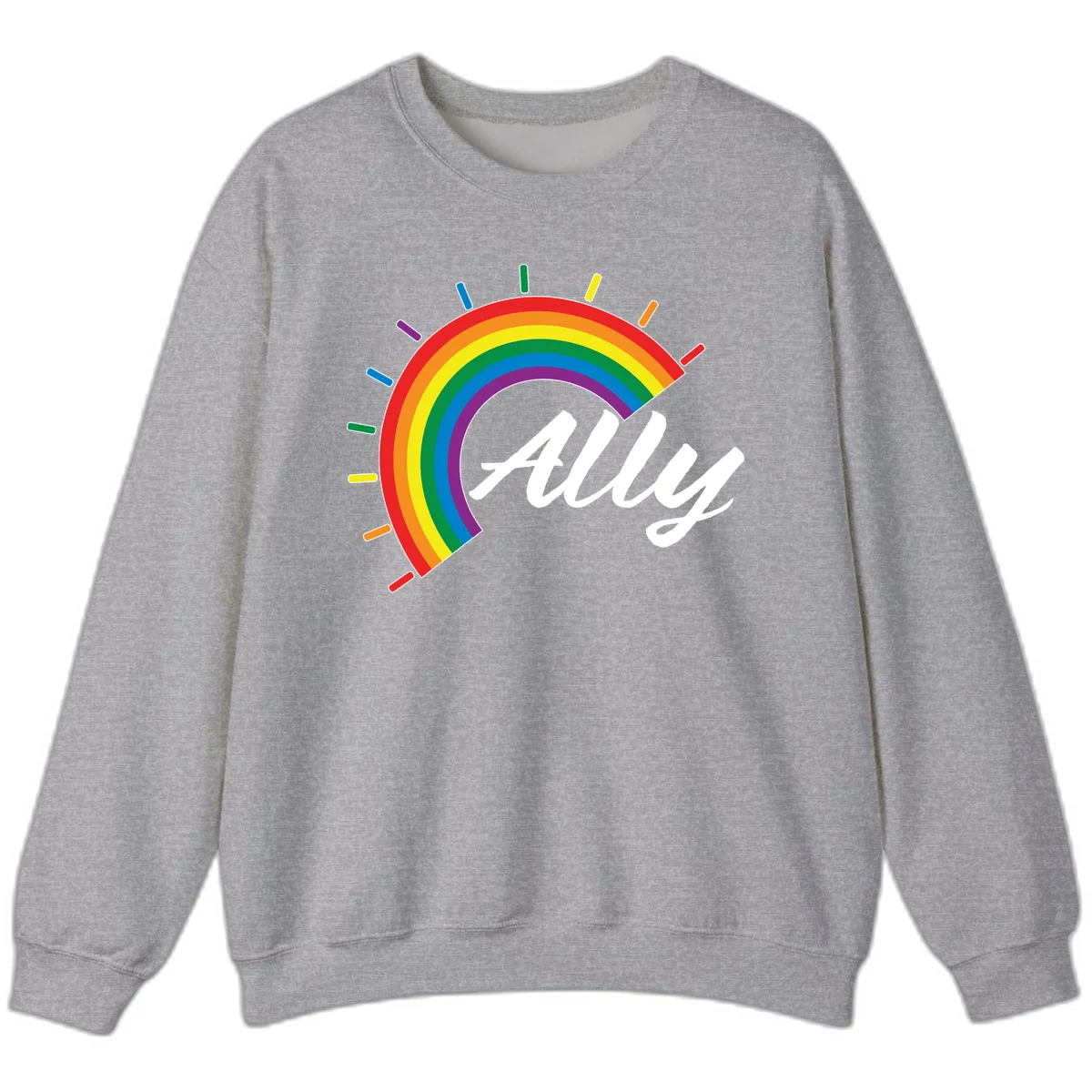 Colorful pride rainbow arc with radiating lines behind white cursive 'ally' text on gray background in Sport Grey