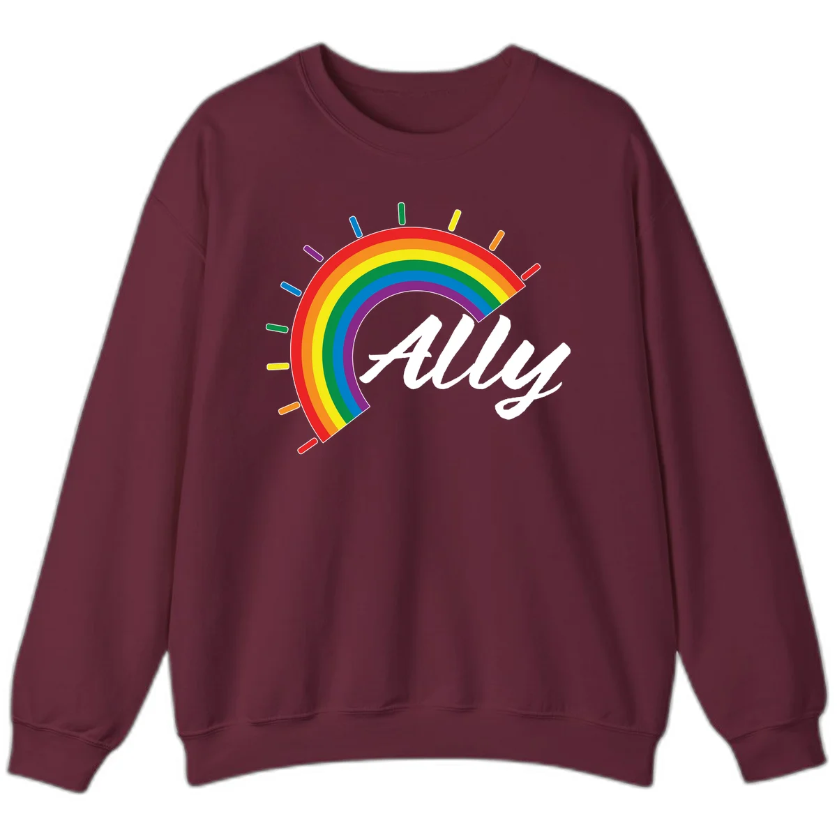 Colorful pride rainbow arc with radiating lines behind white cursive 'ally' text on gray background in Maroon