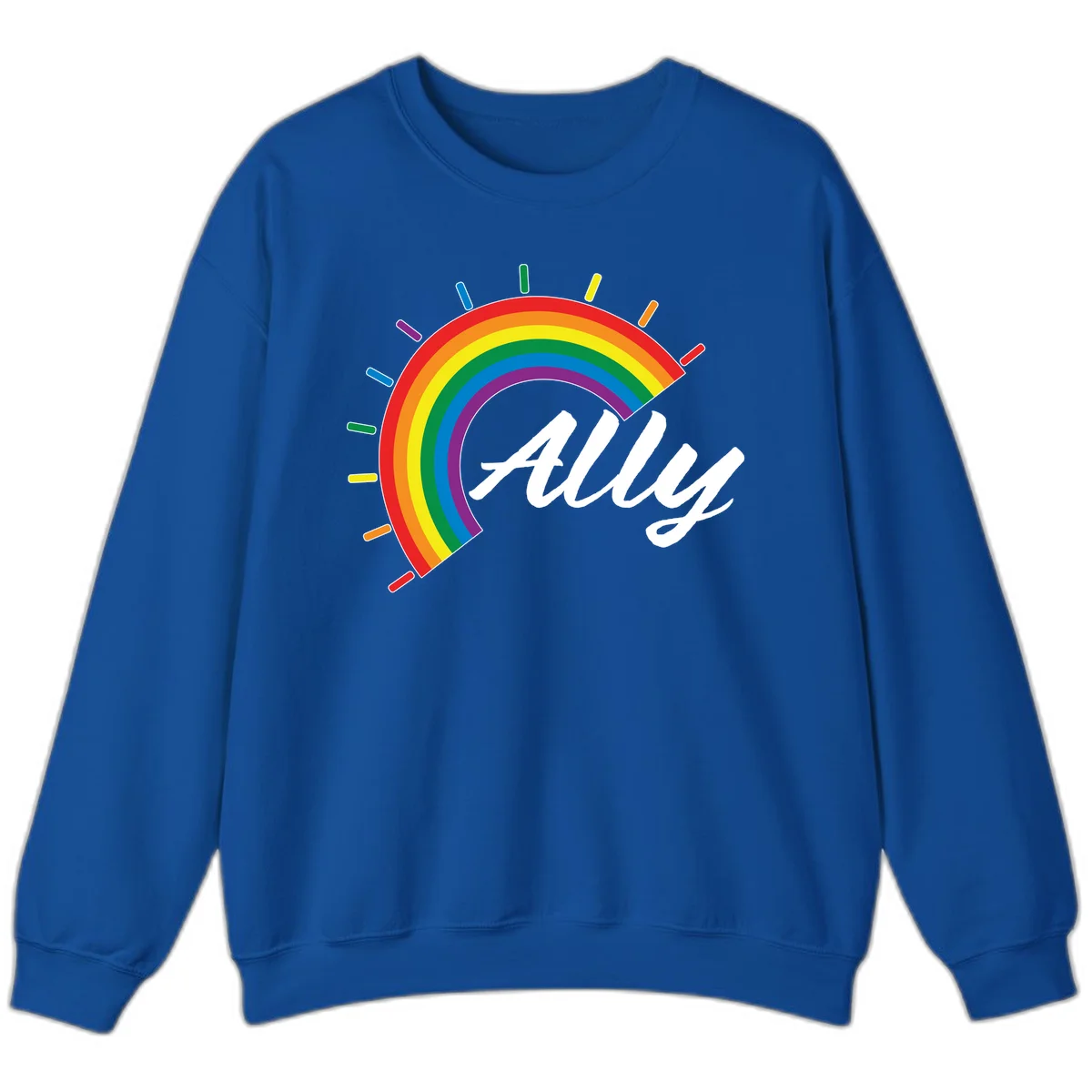 Colorful pride rainbow arc with radiating lines behind white cursive 'ally' text on gray background in Royal