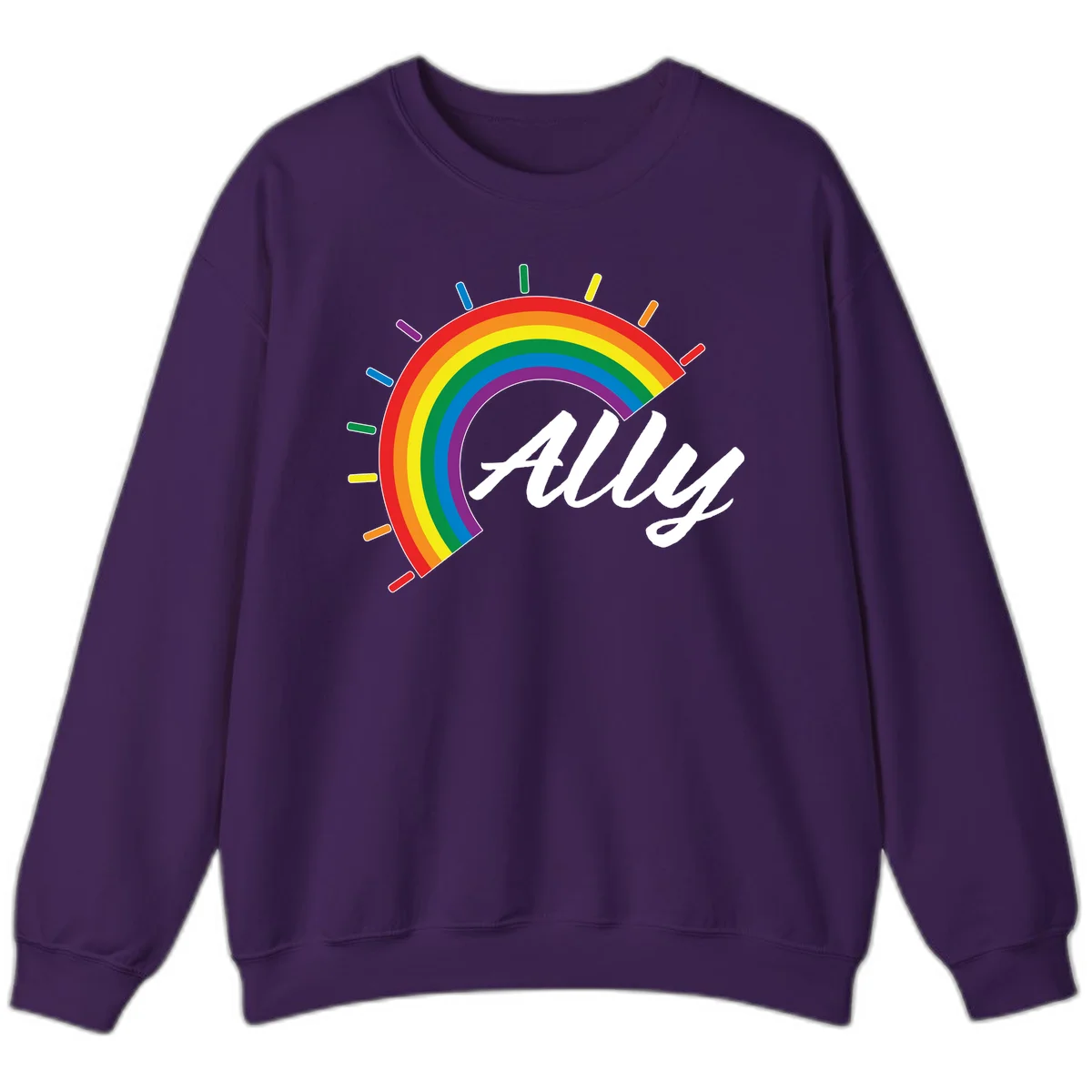 Colorful pride rainbow arc with radiating lines behind white cursive 'ally' text on gray background in Purple