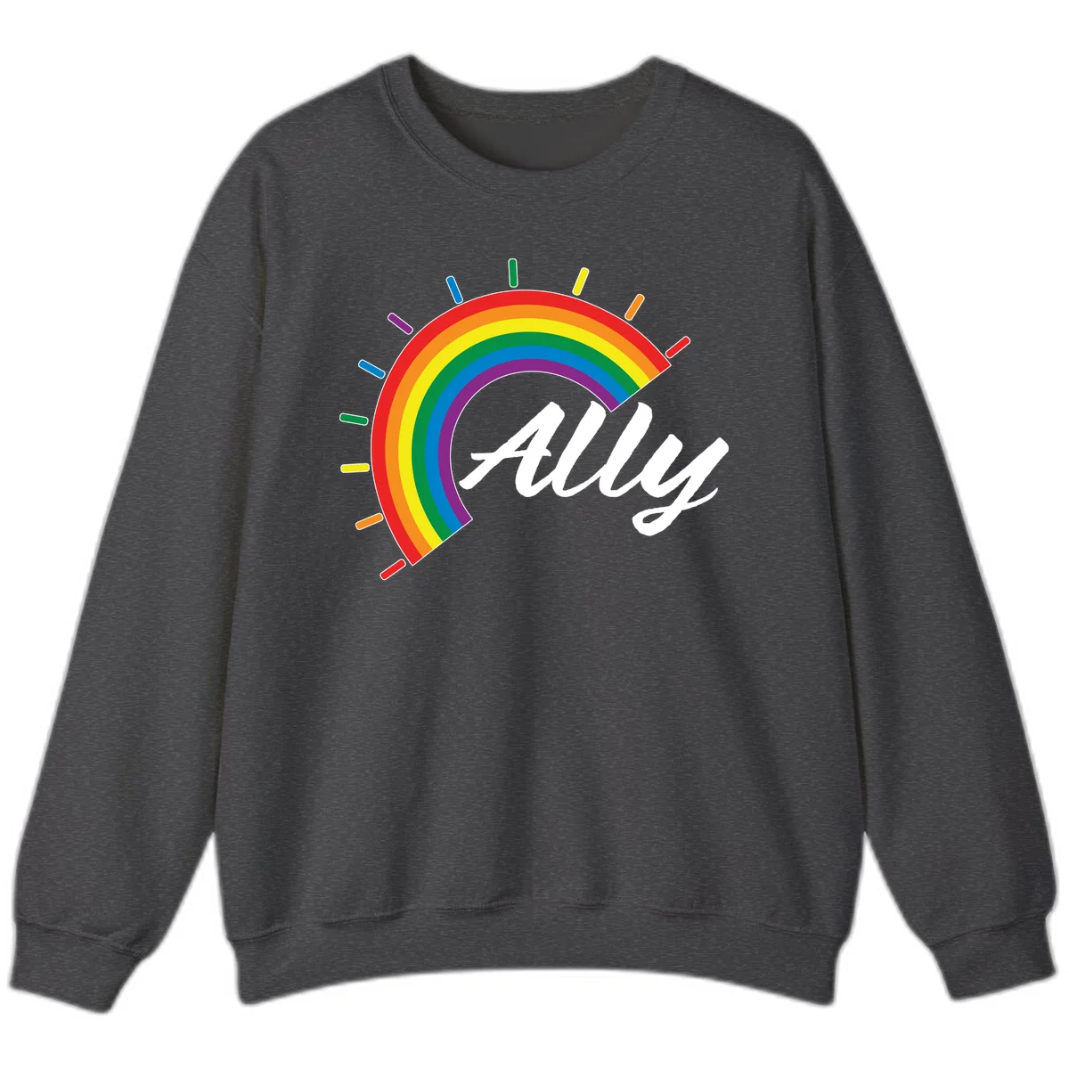 Colorful pride rainbow arc with radiating lines behind white cursive 'ally' text on gray background in Dark Heather