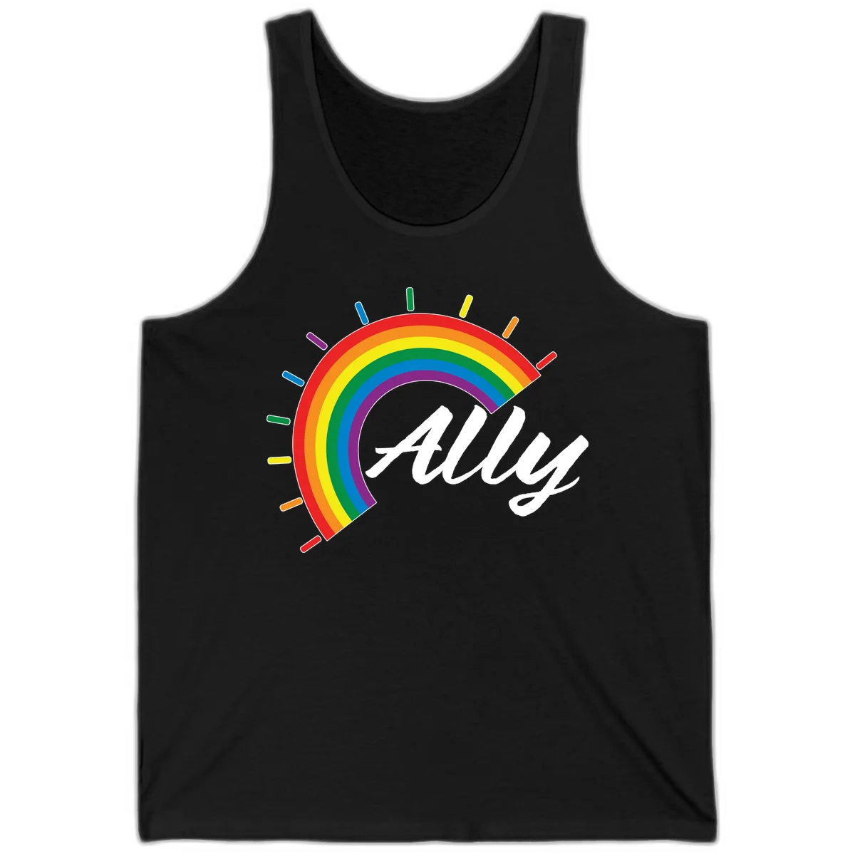 Colorful pride rainbow arc with radiating lines behind white cursive 'ally' text on gray background in Black