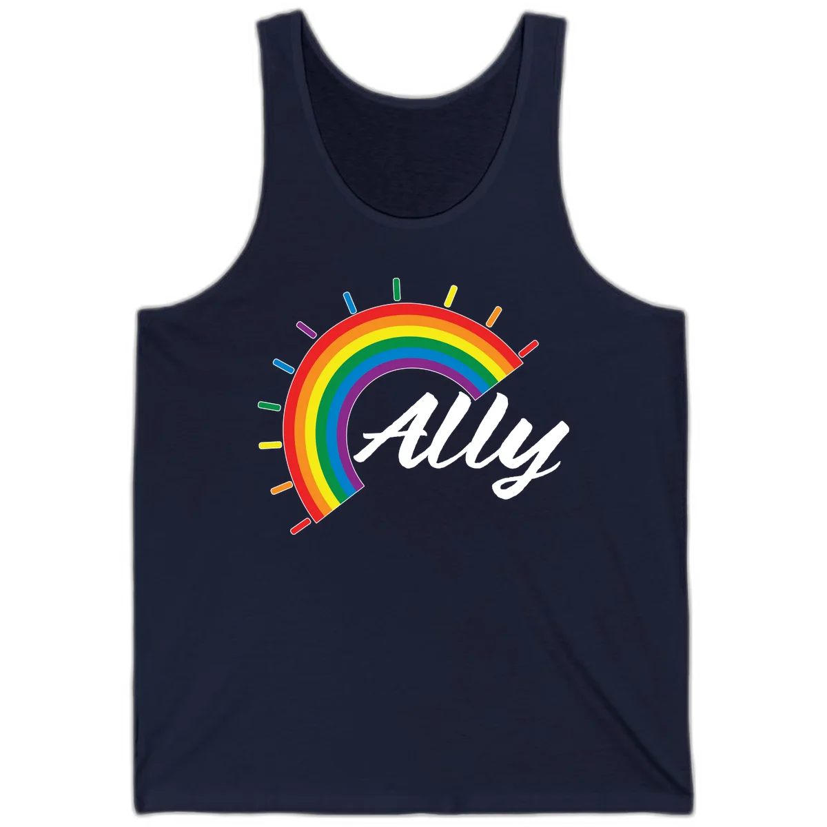 Colorful pride rainbow arc with radiating lines behind white cursive 'ally' text on gray background in Navy