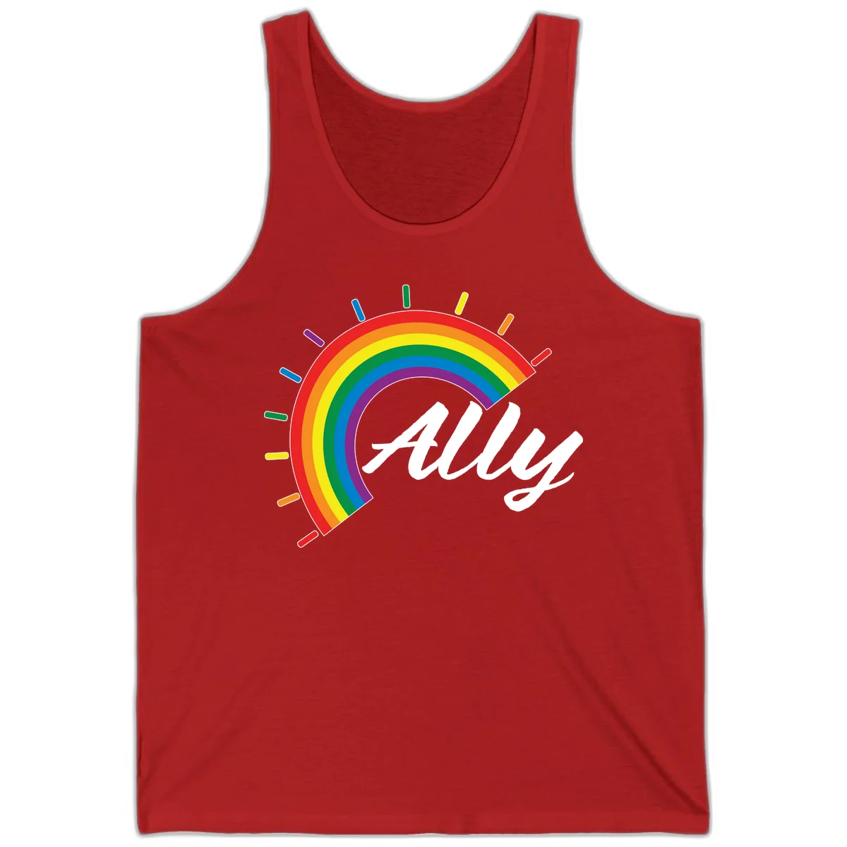 Colorful pride rainbow arc with radiating lines behind white cursive 'ally' text on gray background in Red