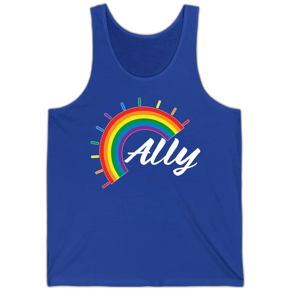Colorful pride rainbow arc with radiating lines behind white cursive 'ally' text on gray background in True Royal