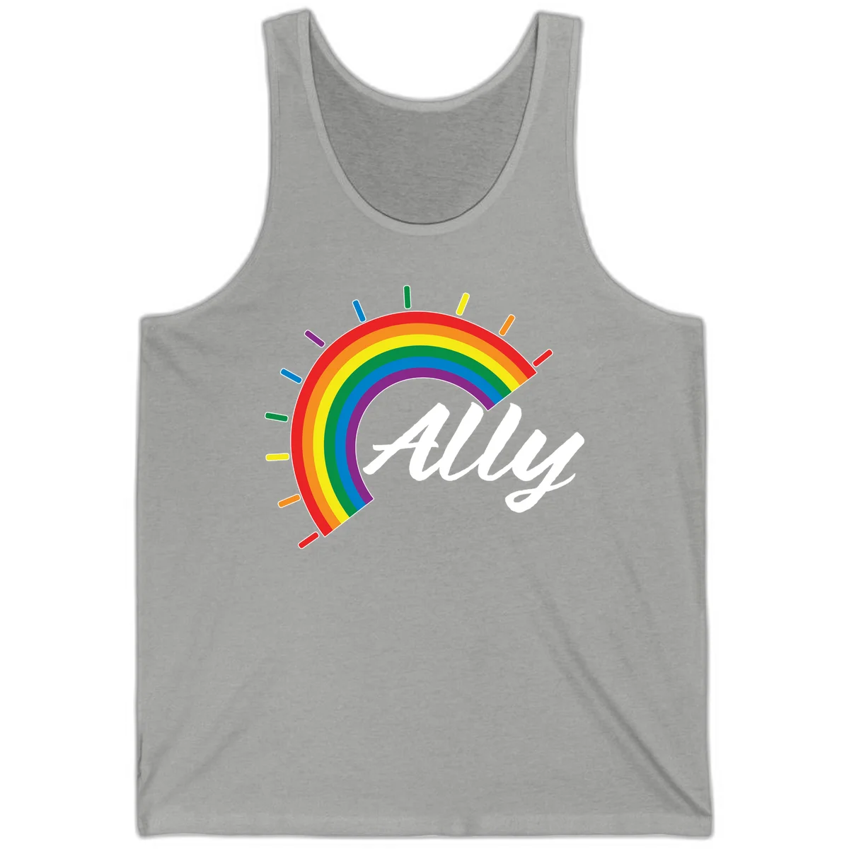 Colorful pride rainbow arc with radiating lines behind white cursive 'ally' text on gray background in Athletic Heather