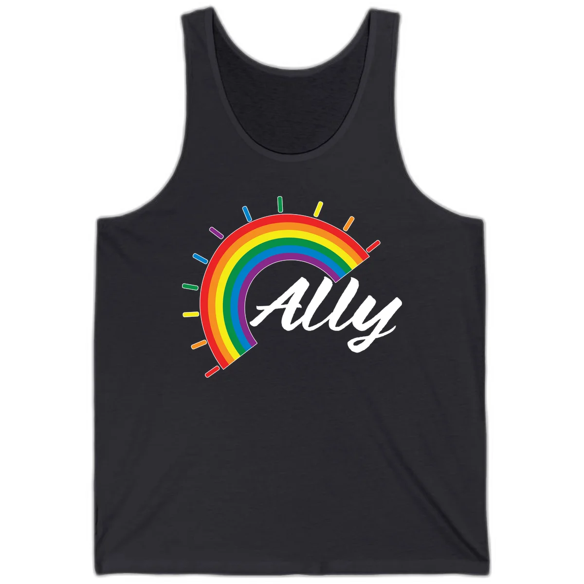 Colorful pride rainbow arc with radiating lines behind white cursive 'ally' text on gray background in Dark Grey