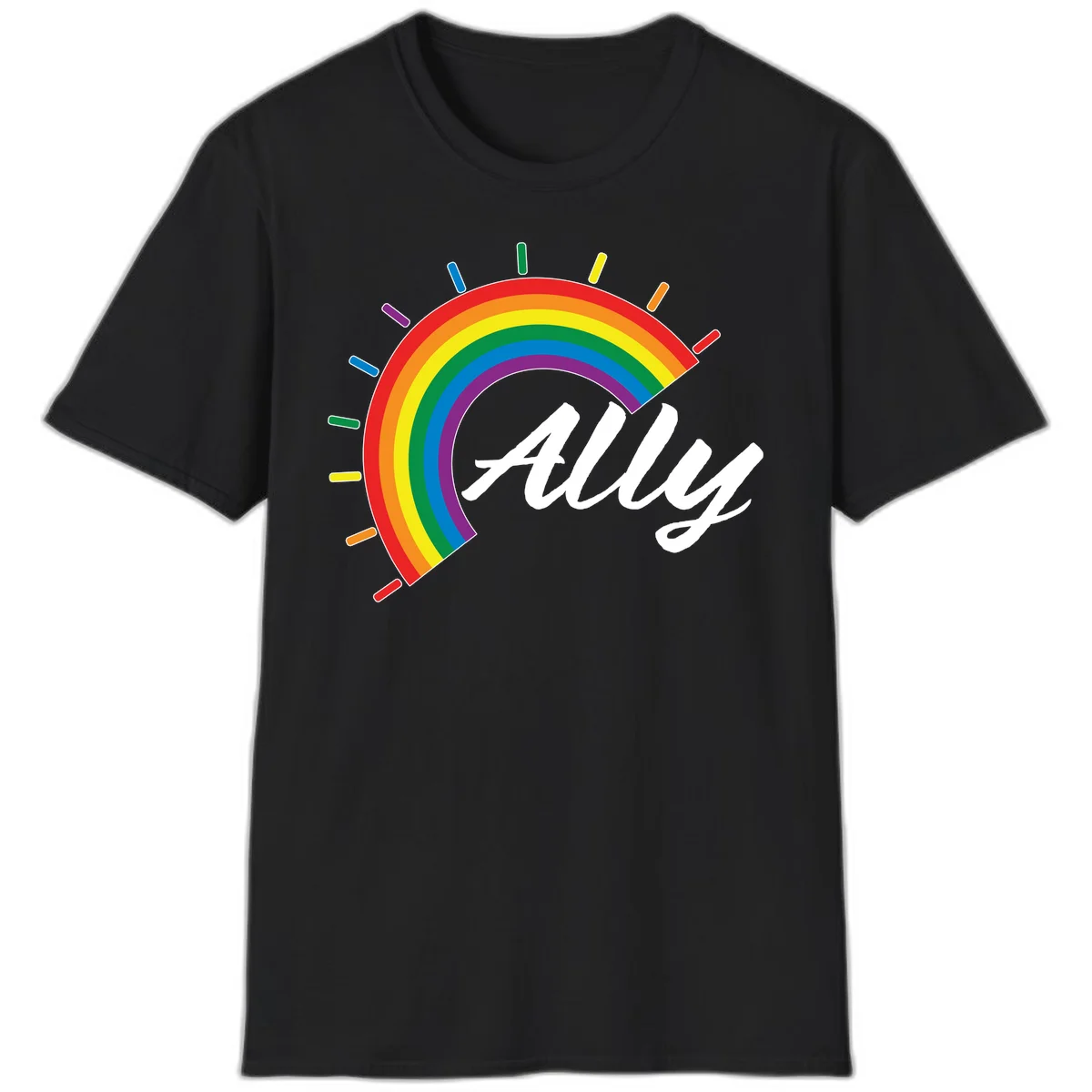Colorful pride rainbow arc with radiating lines behind white cursive 'ally' text on gray background in Black