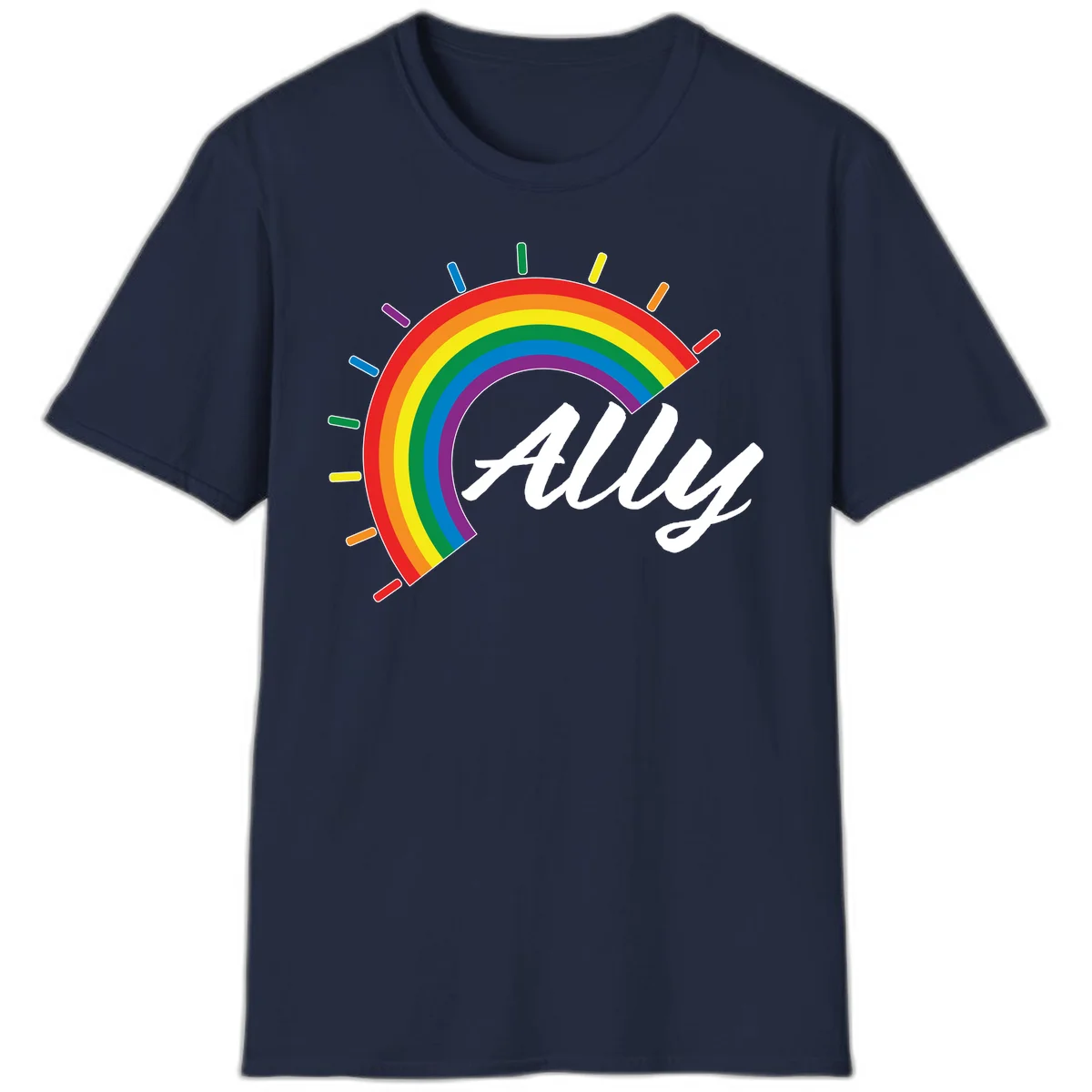 Colorful pride rainbow arc with radiating lines behind white cursive 'ally' text on gray background in Navy