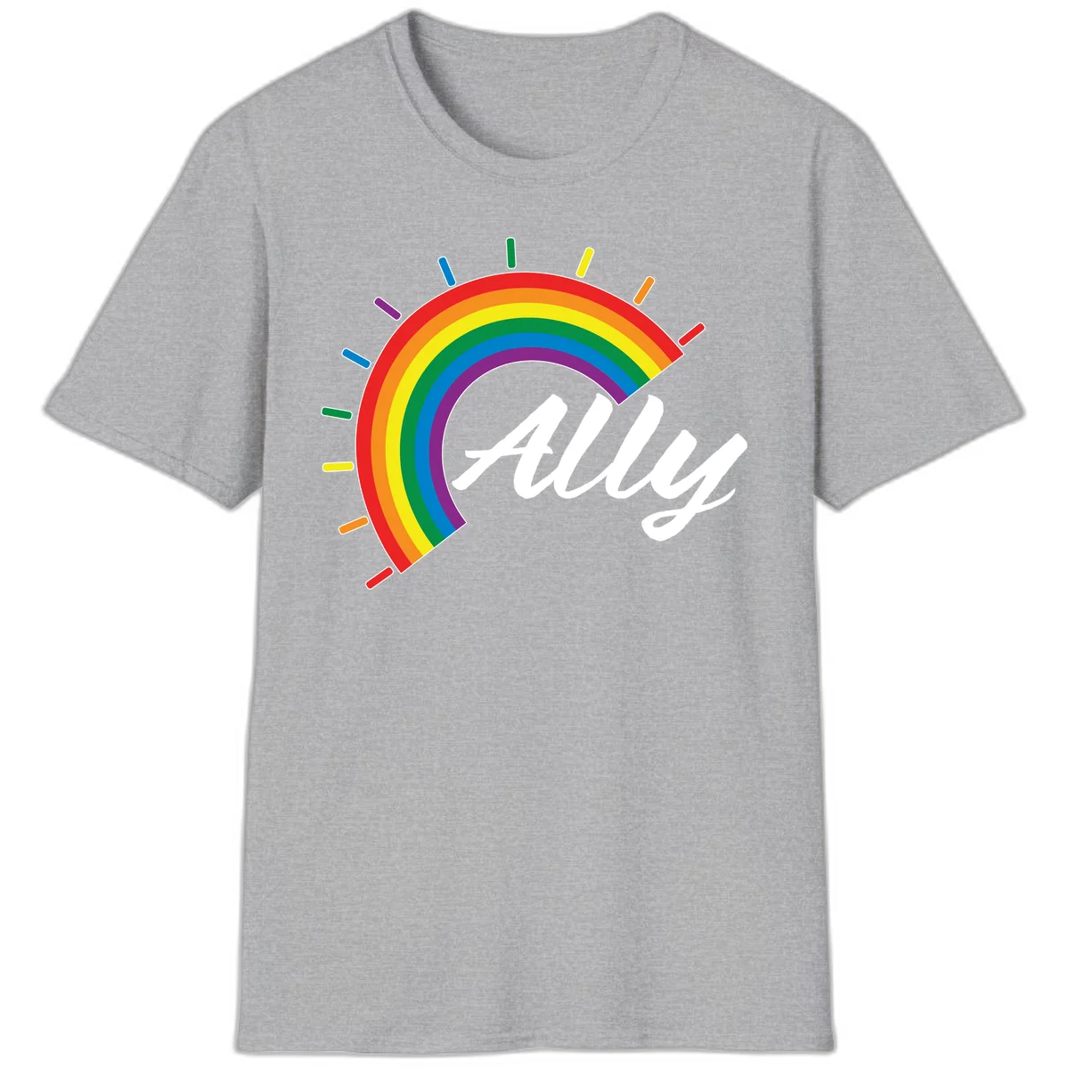 Colorful pride rainbow arc with radiating lines behind white cursive 'ally' text on gray background in Sport Grey