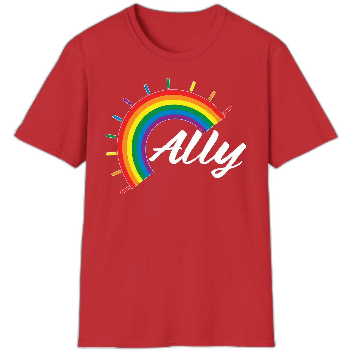 Colorful pride rainbow arc with radiating lines behind white cursive 'ally' text on gray background in Red