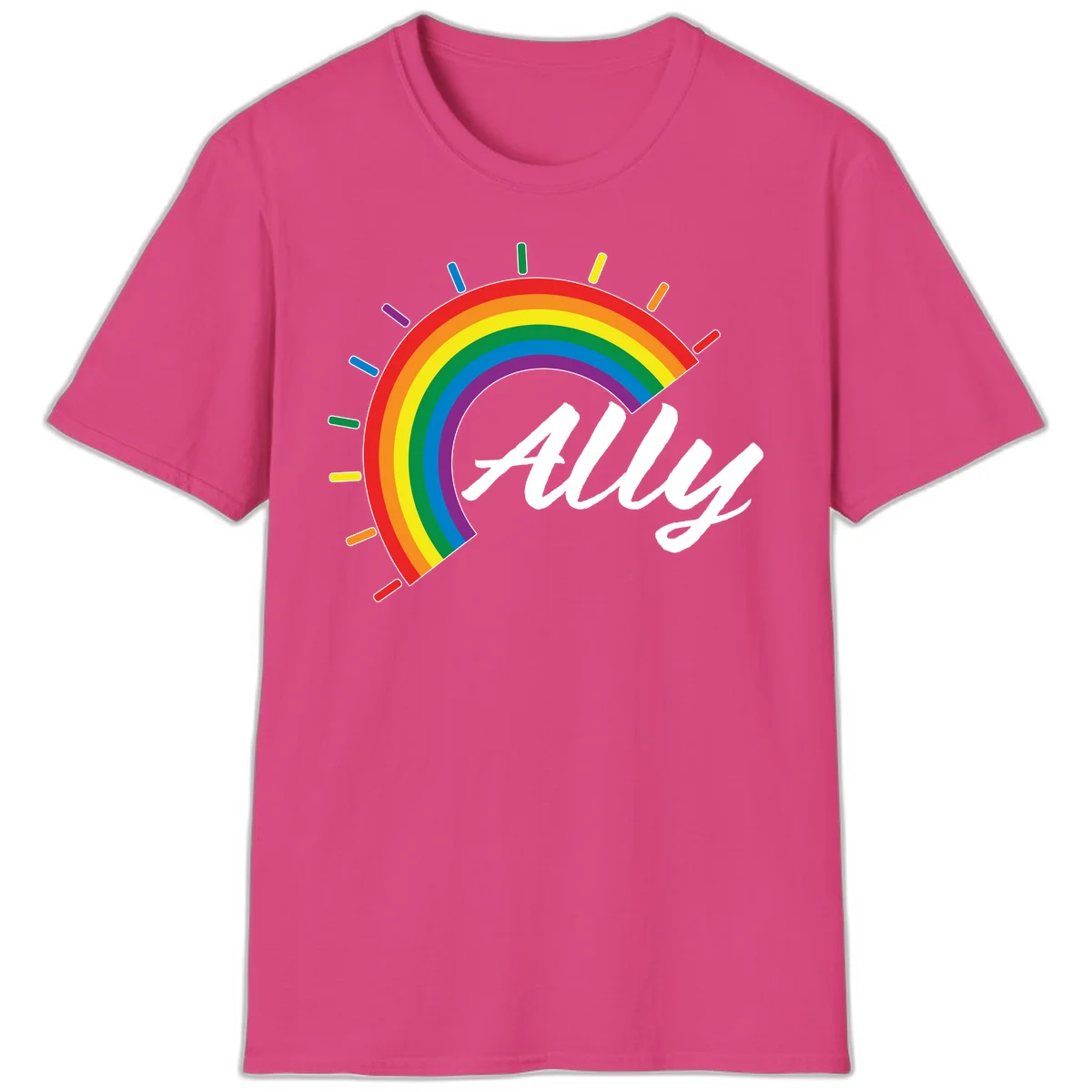 Colorful pride rainbow arc with radiating lines behind white cursive 'ally' text on gray background in Heliconia