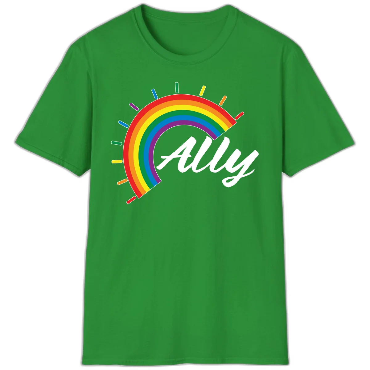 Colorful pride rainbow arc with radiating lines behind white cursive 'ally' text on gray background in Irish Green