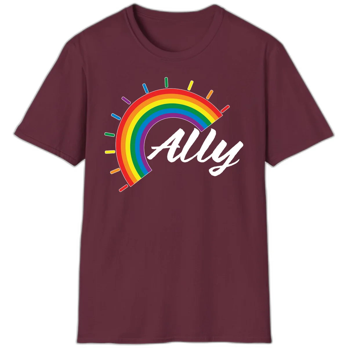 Colorful pride rainbow arc with radiating lines behind white cursive 'ally' text on gray background in Maroon