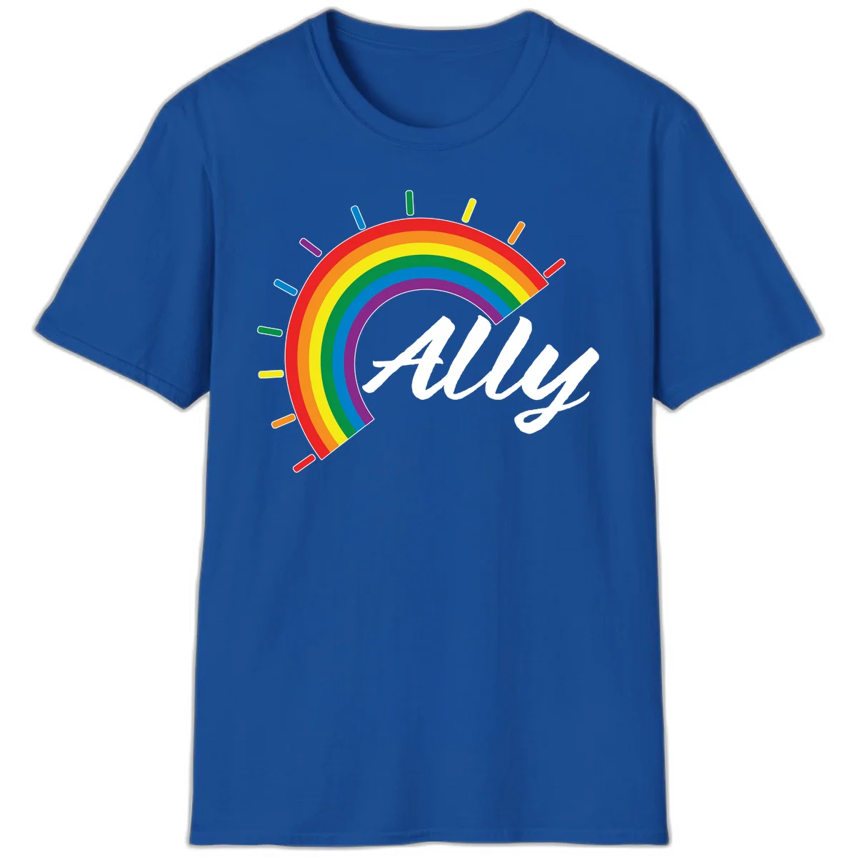 Colorful pride rainbow arc with radiating lines behind white cursive 'ally' text on gray background in Royal