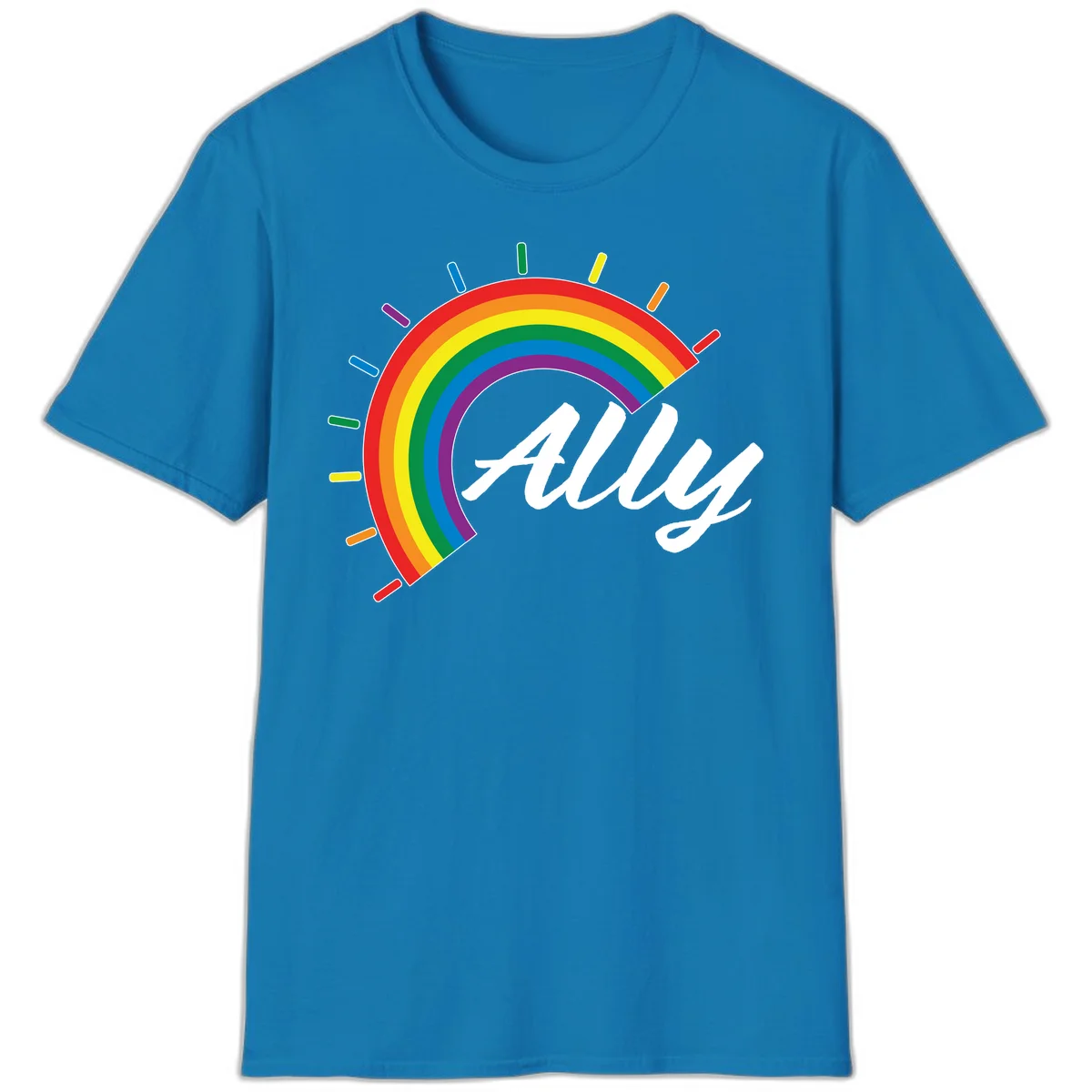 Colorful pride rainbow arc with radiating lines behind white cursive 'ally' text on gray background in Sapphire