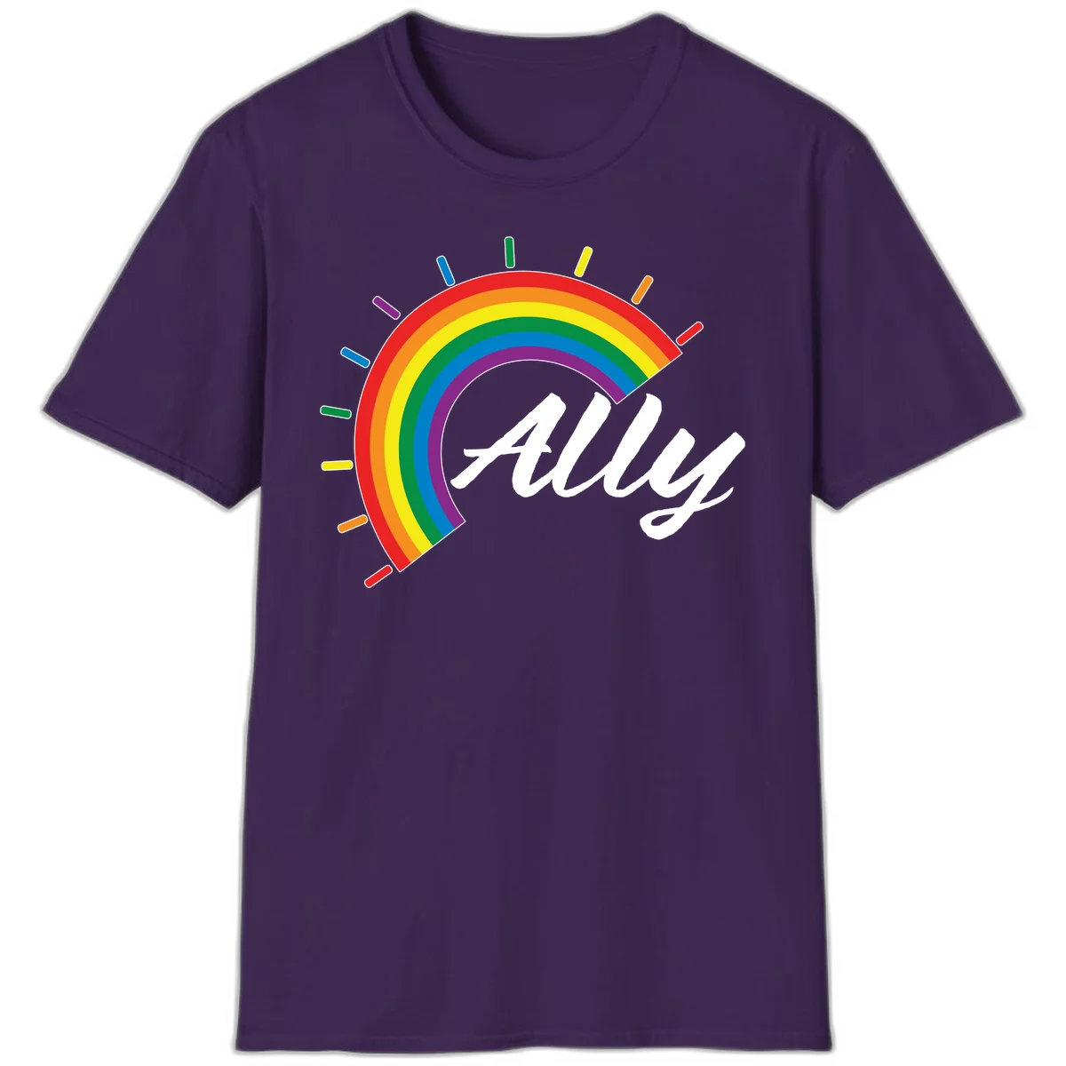 Colorful pride rainbow arc with radiating lines behind white cursive 'ally' text on gray background in Purple