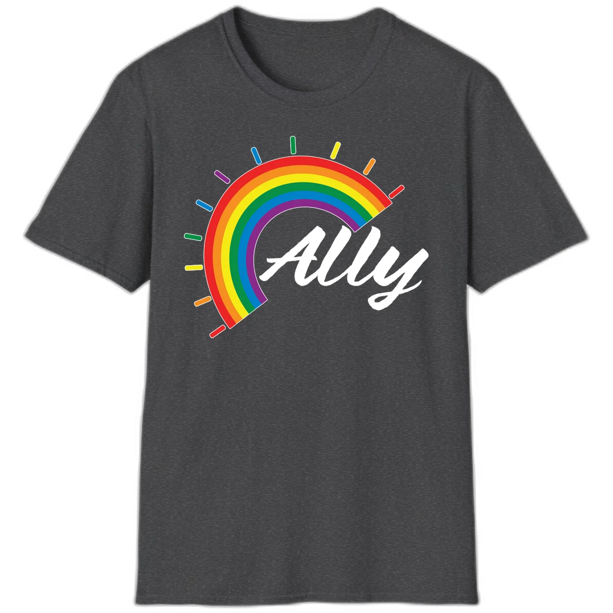 Colorful pride rainbow arc with radiating lines behind white cursive 'ally' text on gray background in Dark Heather