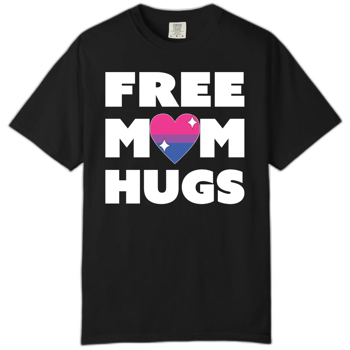 Free Mom Hugs design with bisexual pride flag heart and white sparkles on gray background in Black