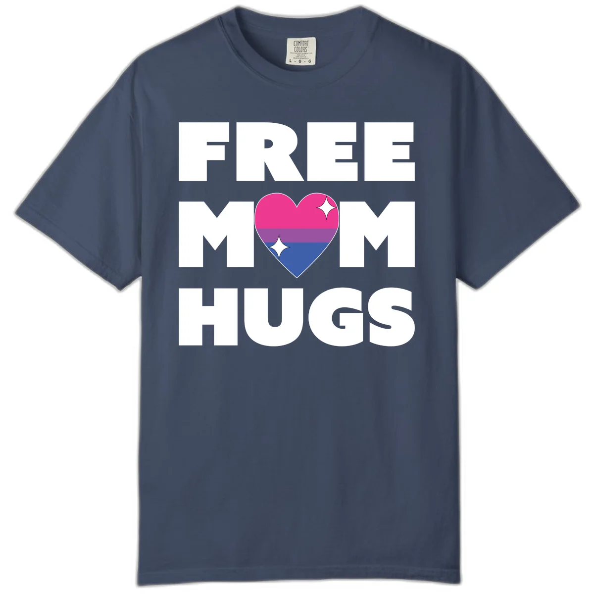 Free Mom Hugs design with bisexual pride flag heart and white sparkles on gray background in Midnight