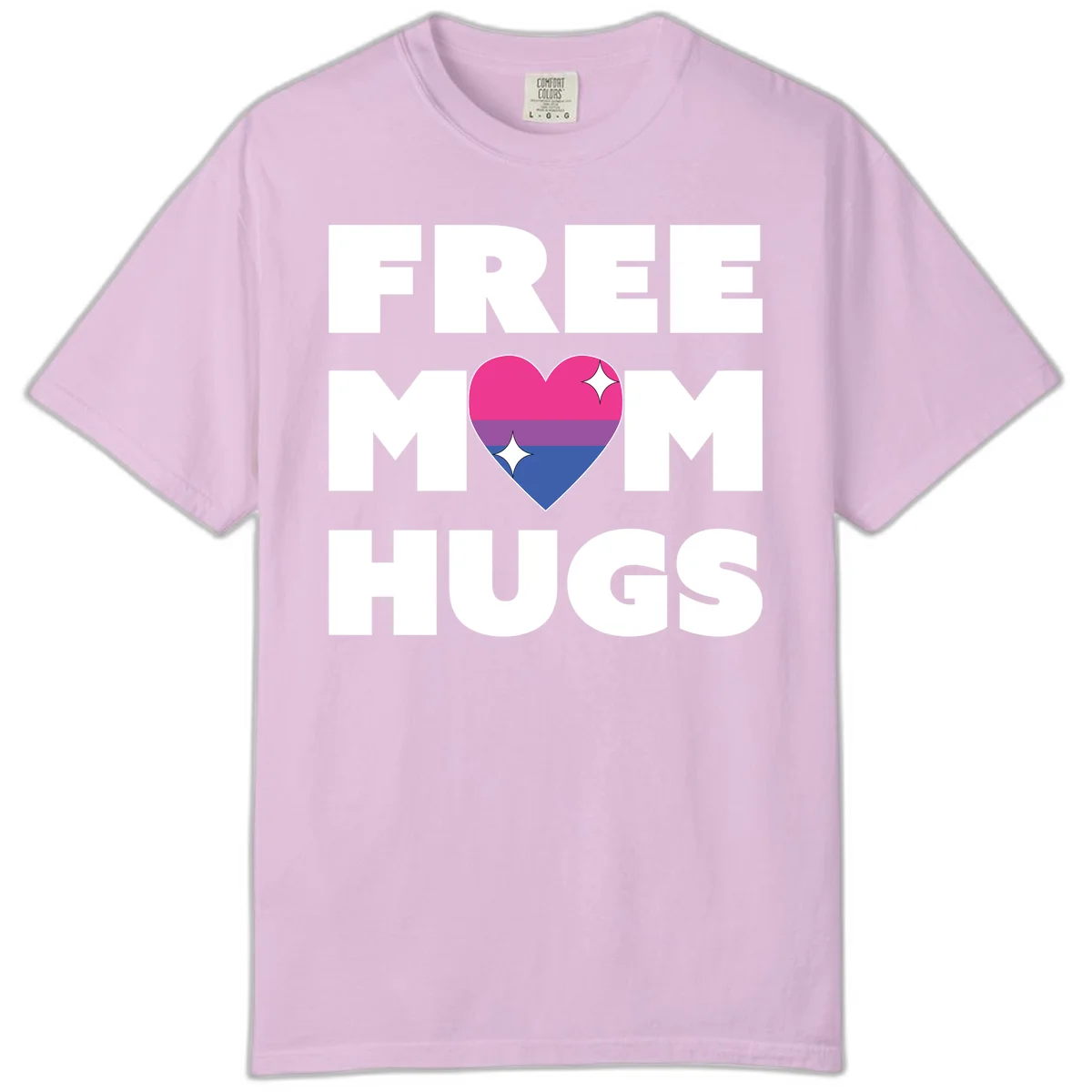 Free Mom Hugs design with bisexual pride flag heart and white sparkles on gray background in Orchid
