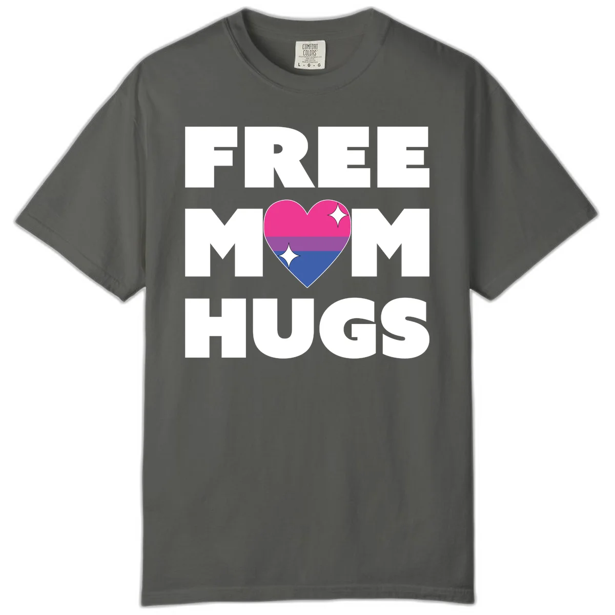 Free Mom Hugs design with bisexual pride flag heart and white sparkles on gray background in Pepper