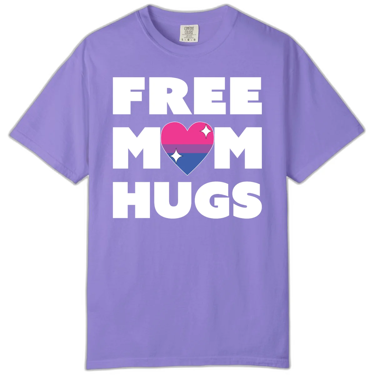 Free Mom Hugs design with bisexual pride flag heart and white sparkles on gray background in Violet