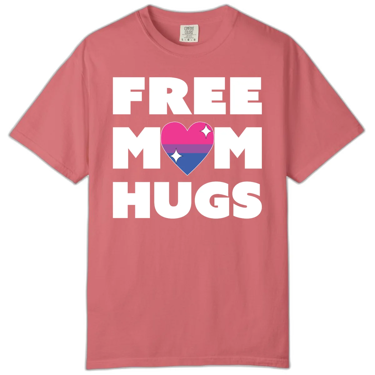 Free Mom Hugs design with bisexual pride flag heart and white sparkles on gray background in Watermelon
