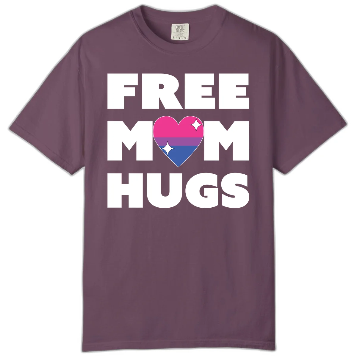 Free Mom Hugs design with bisexual pride flag heart and white sparkles on gray background in Berry