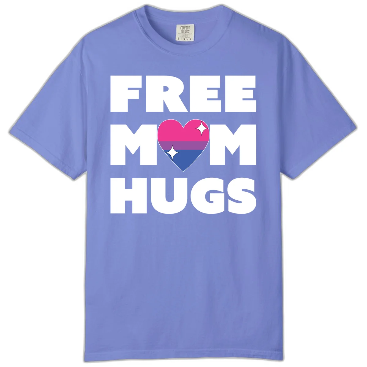 Free Mom Hugs design with bisexual pride flag heart and white sparkles on gray background in Flo Blue