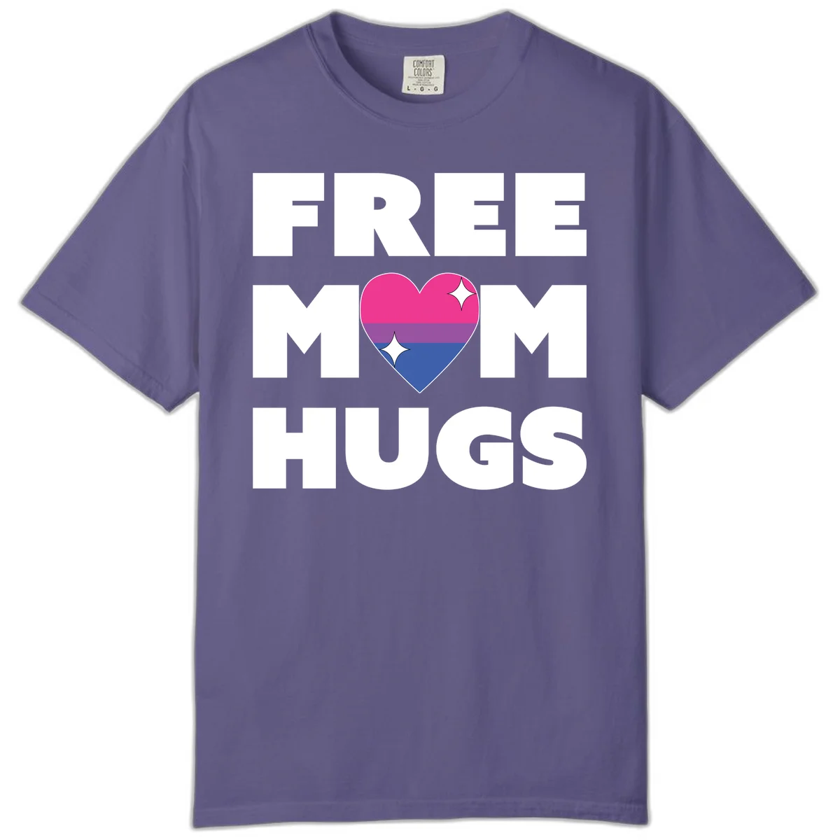 Free Mom Hugs design with bisexual pride flag heart and white sparkles on gray background in Grape