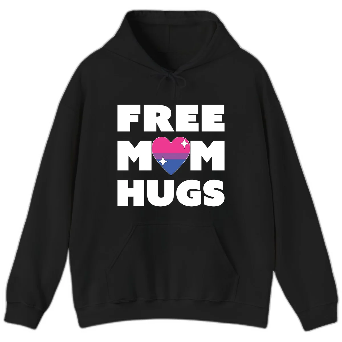 Free Mom Hugs design with bisexual pride flag heart and white sparkles on gray background in Black