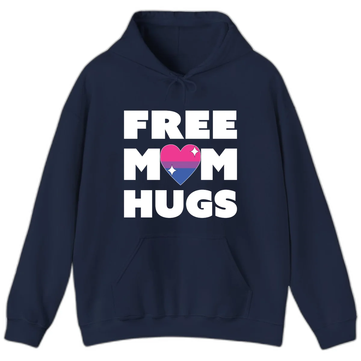 Free Mom Hugs design with bisexual pride flag heart and white sparkles on gray background in Navy