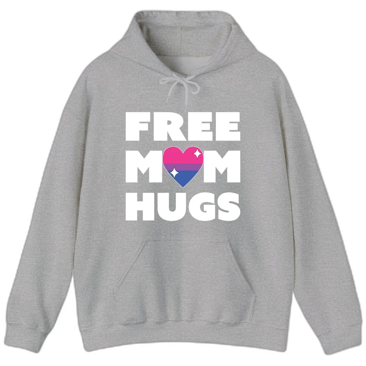 Free Mom Hugs design with bisexual pride flag heart and white sparkles on gray background in Sport Grey