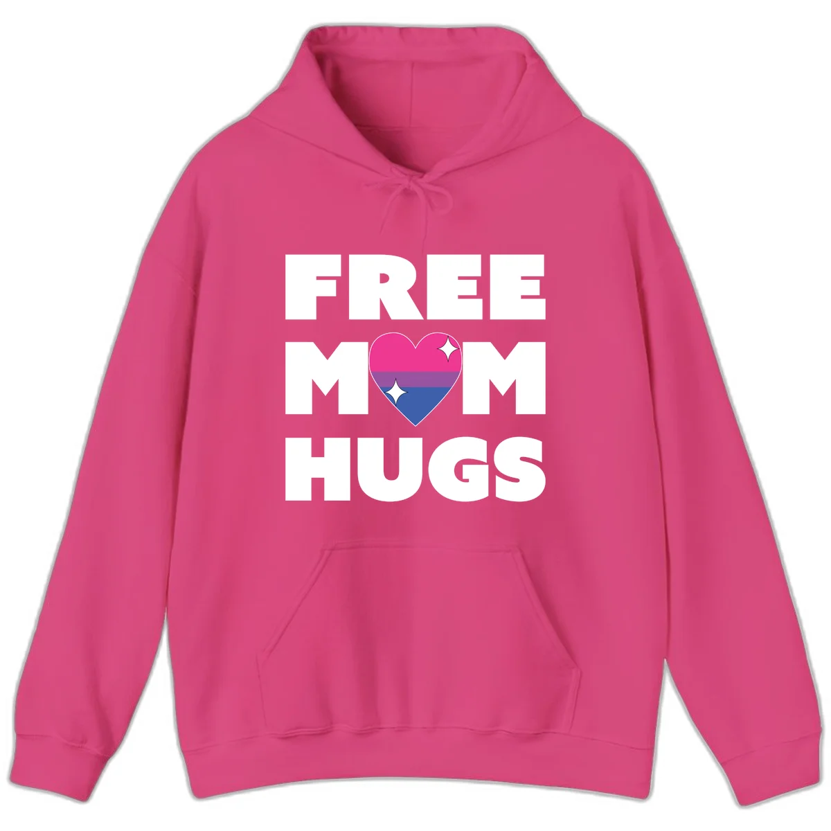 Free Mom Hugs design with bisexual pride flag heart and white sparkles on gray background in Heliconia