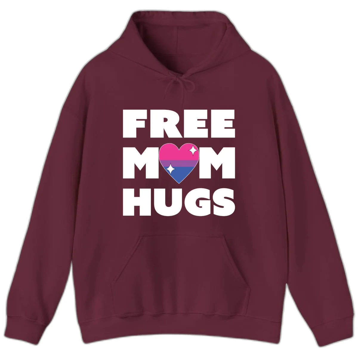 Free Mom Hugs design with bisexual pride flag heart and white sparkles on gray background in Maroon
