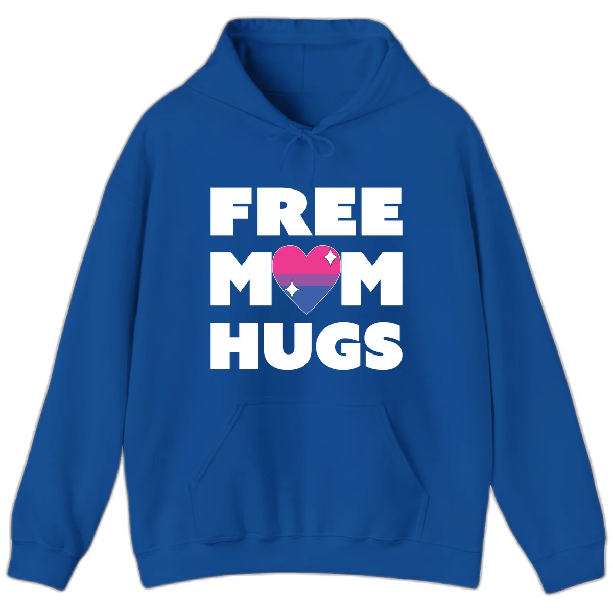 Free Mom Hugs design with bisexual pride flag heart and white sparkles on gray background in Royal