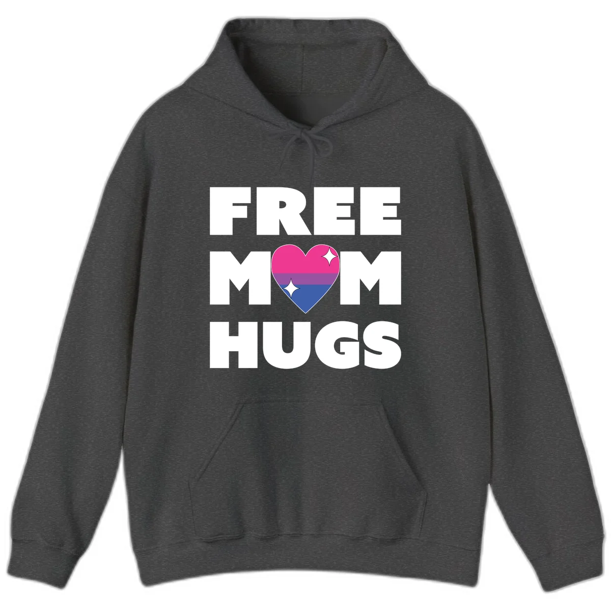 Free Mom Hugs design with bisexual pride flag heart and white sparkles on gray background in Dark Heather
