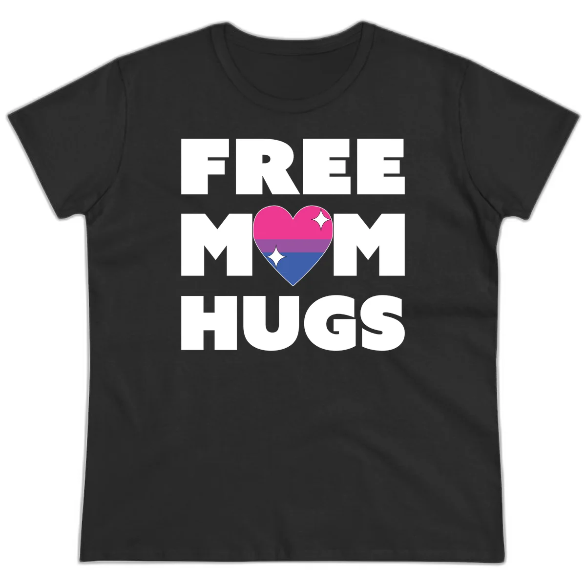 Free Mom Hugs design with bisexual pride flag heart and white sparkles on gray background in Black