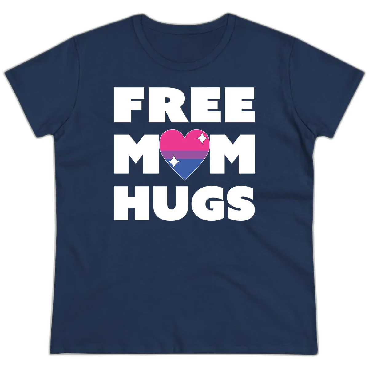 Free Mom Hugs design with bisexual pride flag heart and white sparkles on gray background in Navy